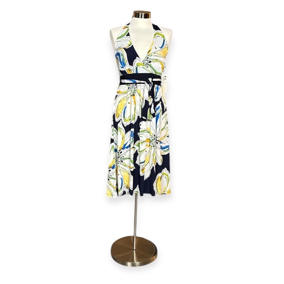 LILY NAVY FLORAL RESORT STYLE HALTER MIDI DRESS **NWT** - Picture 2 of 11